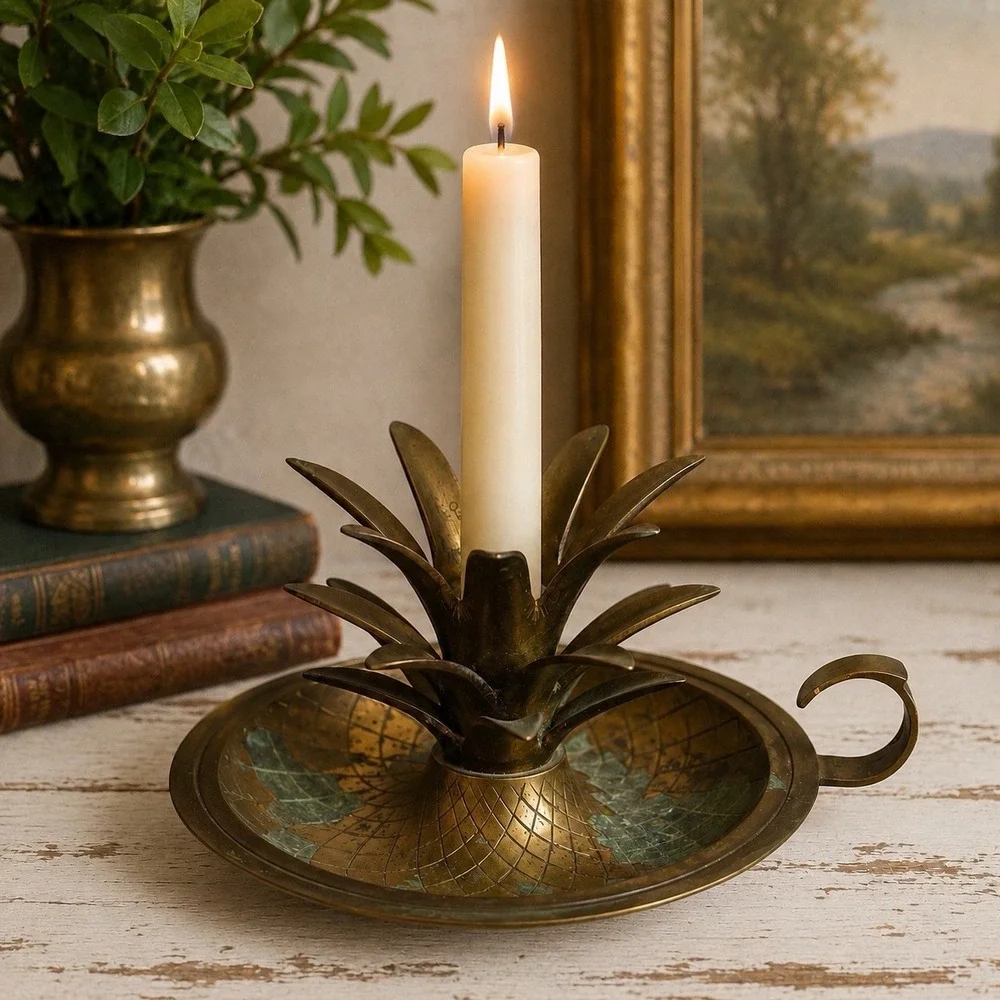 VTG Solid Brass Pineapple Table Candle Holder With Handle 4